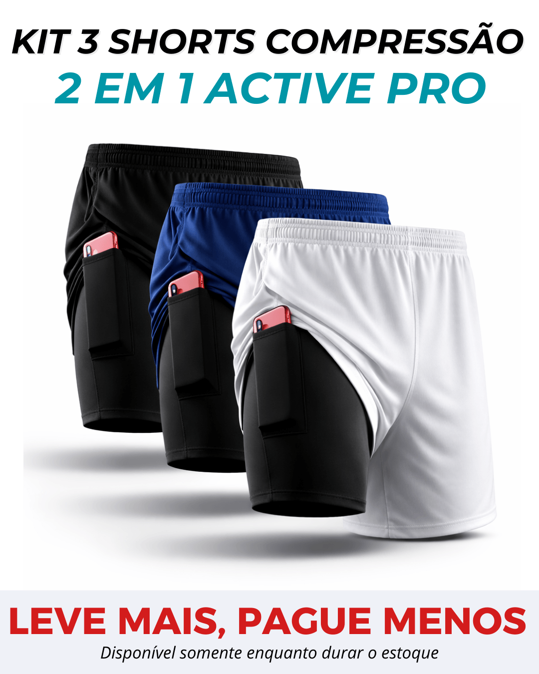 Kit 3 Shorts de Compressão 2 em 1 Active Pro®