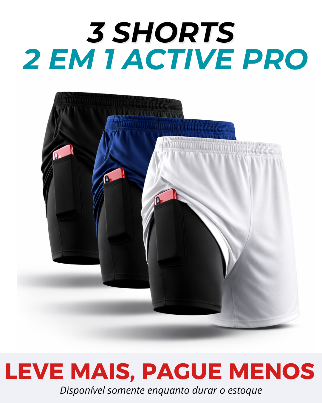 Kit 3 Shorts de Compressão 2 em 1 Active Pro®